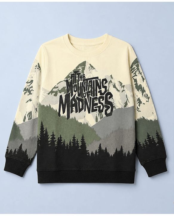 Pine Kids Cotton Mixes Knit Sweatshirt With Full Sleeves and Mountain Print - White