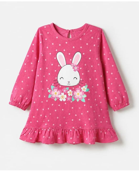 Babyhug Cotton Knit Full Sleeves Nighty With Rabit Print - Dark Pink