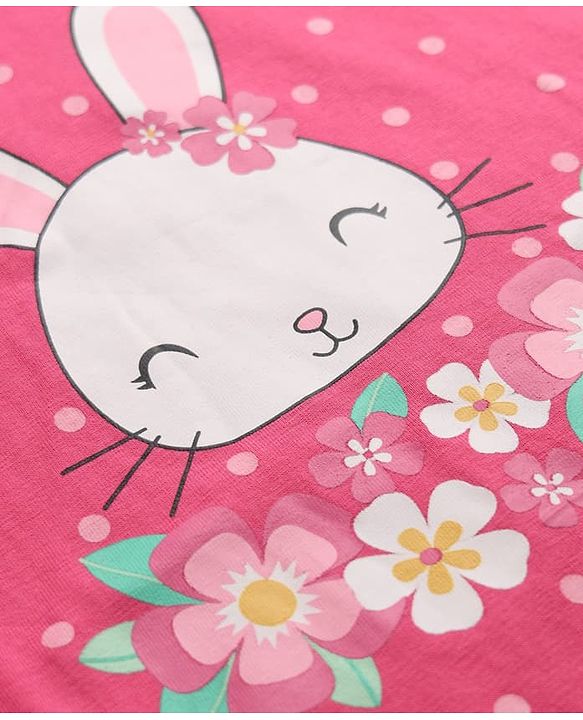 Babyhug Cotton Knit Full Sleeves Nighty With Rabit Print - Dark Pink