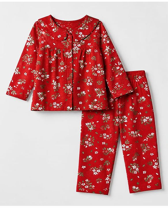 Babyhug Cotton Knit Front Open Full Sleeve Co-ord Top & Pajama Night Suit with Floral Print - Red
