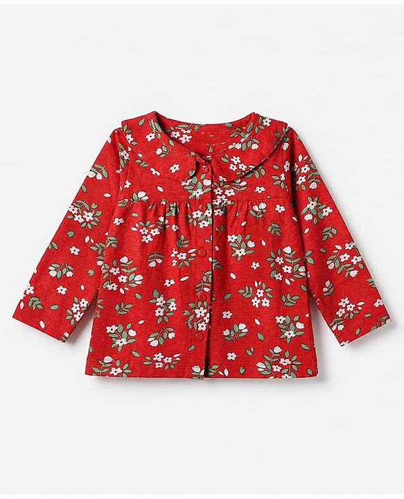 Babyhug Cotton Knit Front Open Full Sleeve Co-ord Top & Pajama Night Suit with Floral Print - Red