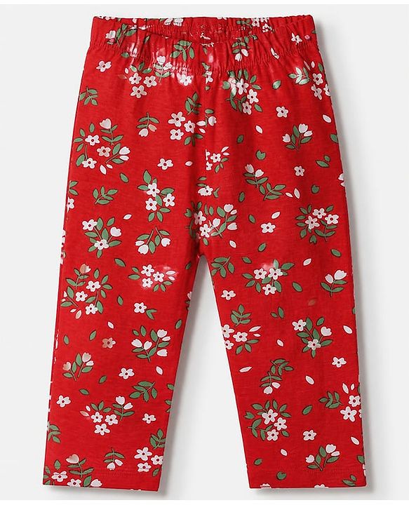 Babyhug Cotton Knit Front Open Full Sleeve Co-ord Top & Pajama Night Suit with Floral Print - Red