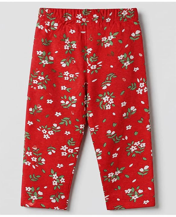 Babyhug Cotton Knit Front Open Full Sleeve Co-ord Top & Pajama Night Suit with Floral Print - Red