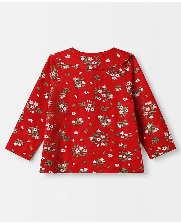Babyhug Cotton Knit Front Open Full Sleeve Co-ord Top & Pajama Night Suit with Floral Print - Red