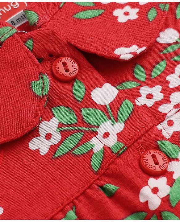 Babyhug Cotton Knit Front Open Full Sleeve Co-ord Top & Pajama Night Suit with Floral Print - Red