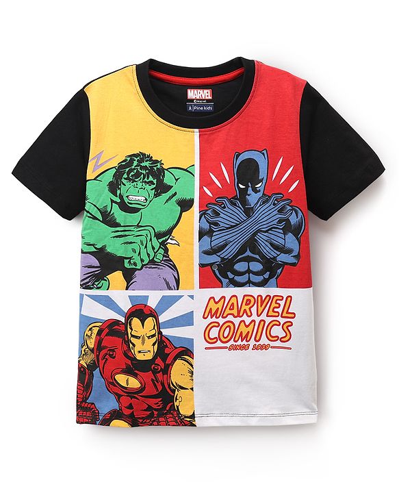 Pine Kids Marvel Single Jersey Knit Half Sleeves T-Shirts and Joggers Set With Avengers Print - Black