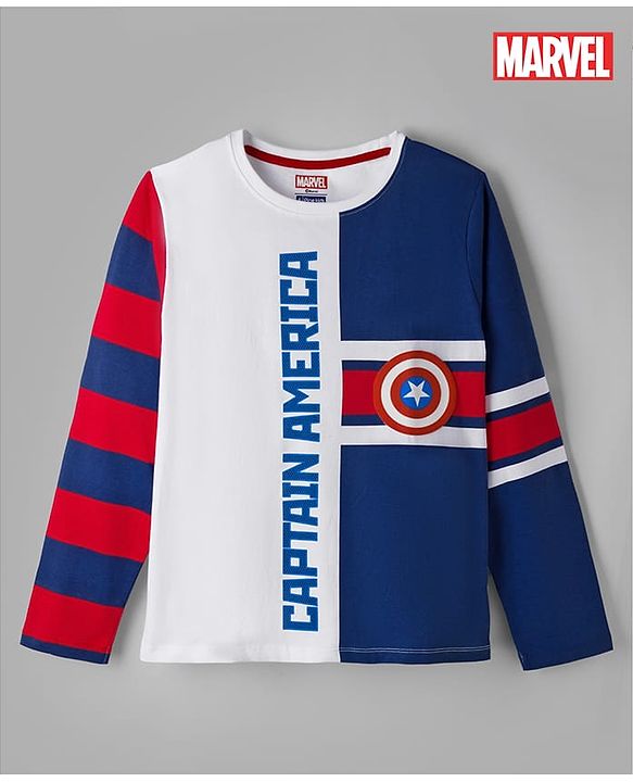 Pine Kids Marvel 100% Cotton Single Jersey Knit T-Shirts with Full Sleeves and Captain America Graphic Print - White