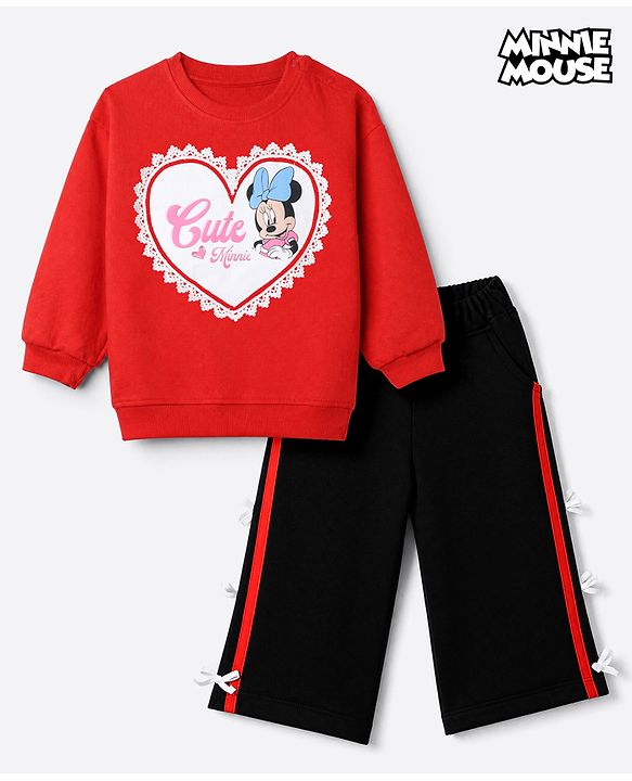 Babyhug Disney 100% Cotton Terry Knit Full Sleeves Sweatshirt and Pant Set with Minnie Mouse Graphic in Red