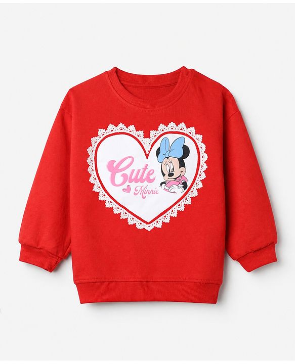 Babyhug Disney 100% Cotton Terry Knit Full Sleeves Sweatshirt and Pant Set with Minnie Mouse Graphic in Red