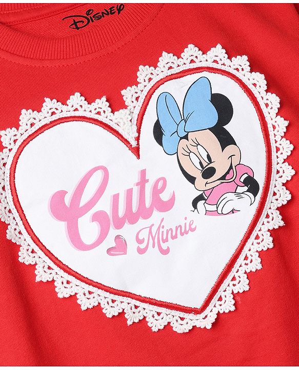 Babyhug Disney 100% Cotton Terry Knit Full Sleeves Sweatshirt and Pant Set with Minnie Mouse Graphic in Red