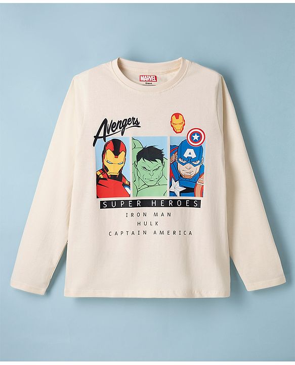 Pine Kids Marvel 100% Cotton Single Jersey Knit T-Shirt with Full Sleeves and Avengers Text & Iron Man, Hulk, Captain America Print - Cream