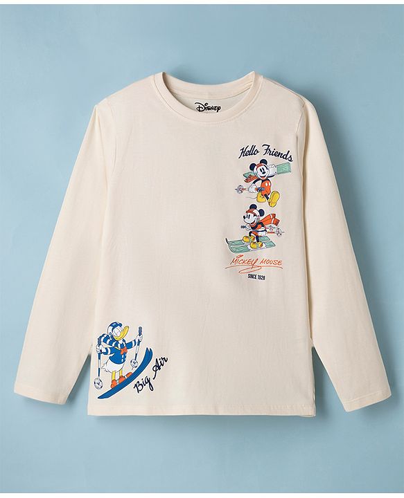 Pine Kids Disney 100% Cotton Single Jersey Knit T-Shirt with Full Sleeves and Frot '7 Back Mickey Mouse Skiing Print - Cream