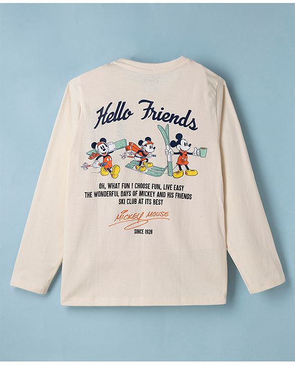 Pine Kids Disney 100% Cotton Single Jersey Knit T-Shirt with Full Sleeves and Frot '7 Back Mickey Mouse Skiing Print - Cream