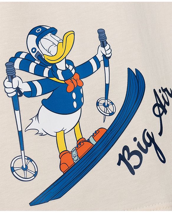 Pine Kids Disney 100% Cotton Single Jersey Knit T-Shirt with Full Sleeves and Frot '7 Back Mickey Mouse Skiing Print - Cream