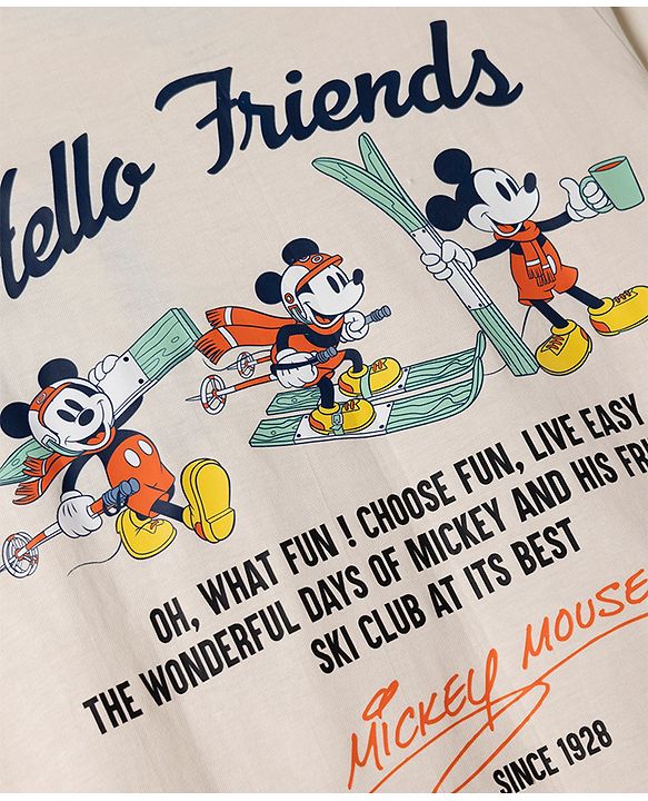 Pine Kids Disney 100% Cotton Single Jersey Knit T-Shirt with Full Sleeves and Frot '7 Back Mickey Mouse Skiing Print - Cream