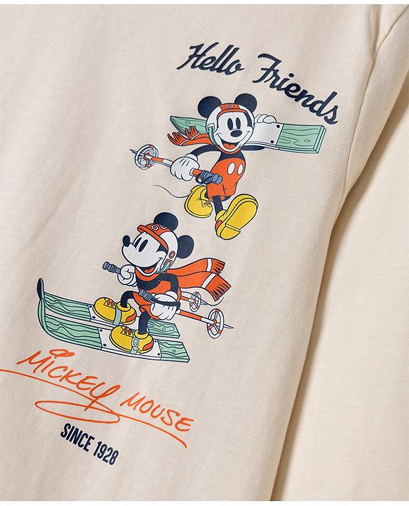 Pine Kids Disney 100% Cotton Single Jersey Knit T-Shirt with Full Sleeves and Frot '7 Back Mickey Mouse Skiing Print - Cream