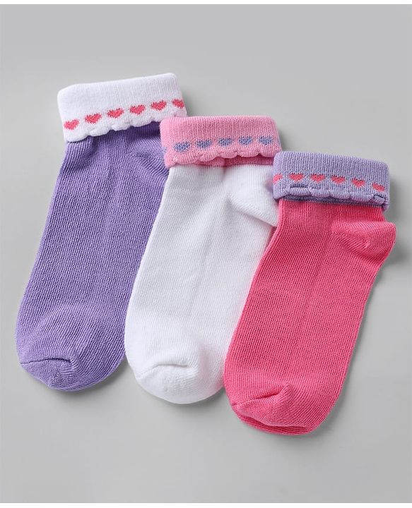 Cute walk By Babyhug Knit Anti-Bacterial Ankle Length Socks With Heart Design Pack Of 3 - Pink Purple White