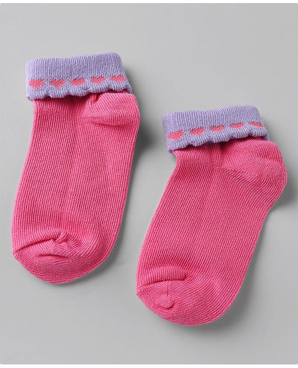 Cute walk By Babyhug Knit Anti-Bacterial Ankle Length Socks With Heart Design Pack Of 3 - Pink Purple White
