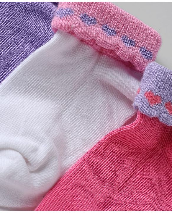 Cute walk By Babyhug Knit Anti-Bacterial Ankle Length Socks With Heart Design Pack Of 3 - Pink Purple White