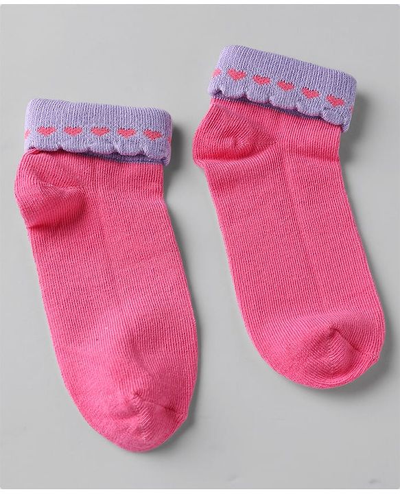 Cute walk By Babyhug Knit Anti-Bacterial Ankle Length Socks With Heart Design Pack Of 3 - Pink Purple White