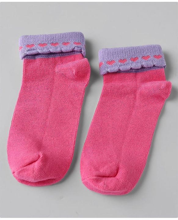 Cute walk By Babyhug Knit Anti-Bacterial Ankle Length Socks With Heart Design Pack Of 3 - Pink Purple White