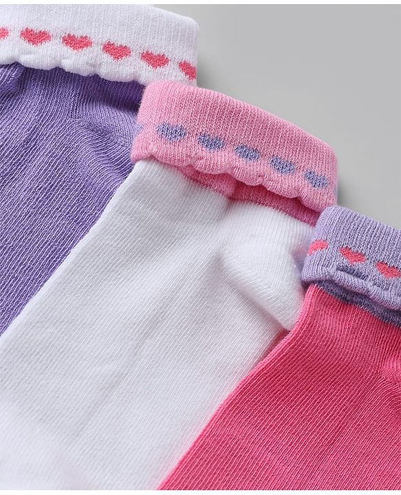 Cute walk By Babyhug Knit Anti-Bacterial Ankle Length Socks With Heart Design Pack Of 3 - Pink Purple White