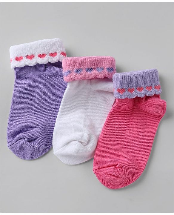 Cute walk By Babyhug Knit Anti-Bacterial Ankle Length Socks With Heart Design Pack Of 3 - Pink Purple White
