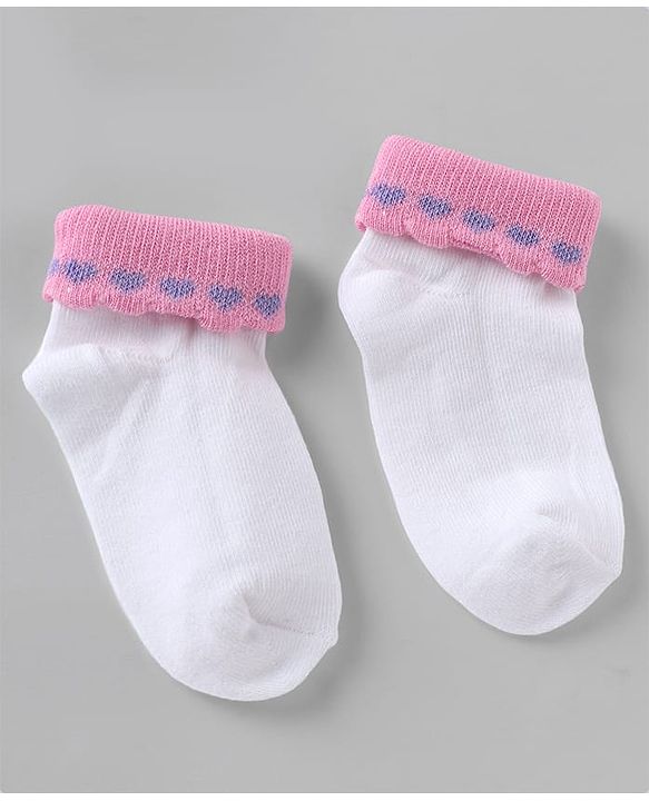 Cute walk By Babyhug Knit Anti-Bacterial Ankle Length Socks With Heart Design Pack Of 3 - Pink Purple White