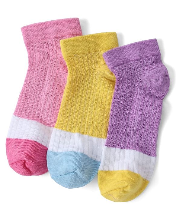 Cute Walk By Babyhug Knit Anti Bacterial Ankle Length Socks Pack Of 3 - Purple, Pink & Yellow