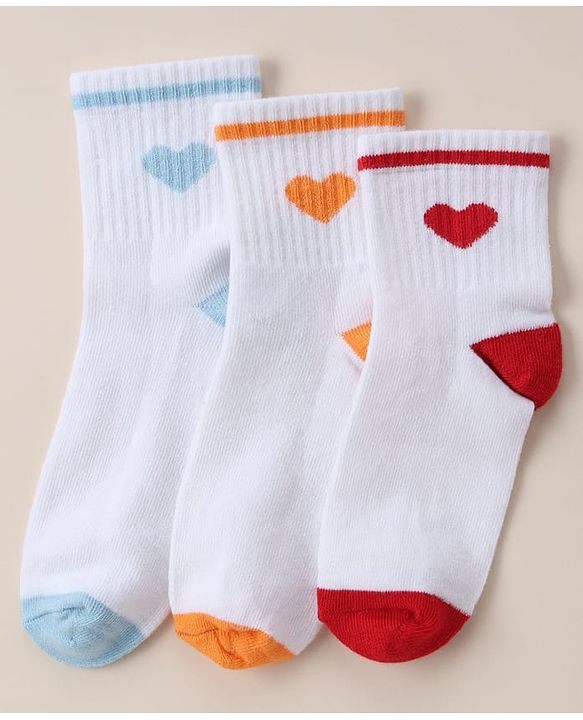 Cute Walk By Babyhug Anti Bacterial Ankle Length Socks With Heart Print Pack of 3 - Orange, Red & Light Blue