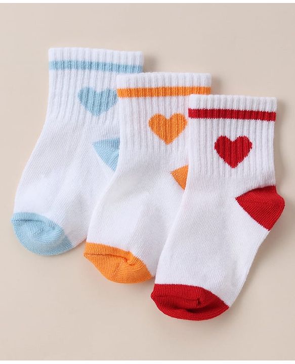 Cute Walk By Babyhug Anti Bacterial Ankle Length Socks With Heart Print Pack of 3 - Orange, Red & Light Blue