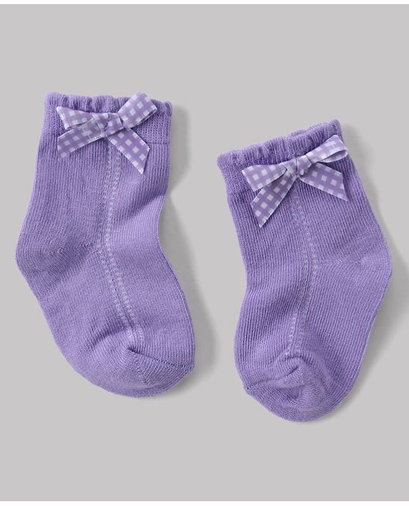 Cute Walk By Babyhug Knit Anti Bacterial Ankle Length Socks With Bow Applique Pack of 3 - White, Purple & Mustard