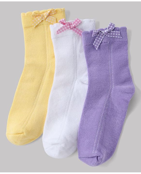 Cute Walk By Babyhug Knit Anti Bacterial Ankle Length Socks With Bow Applique Pack of 3 - White, Purple & Mustard