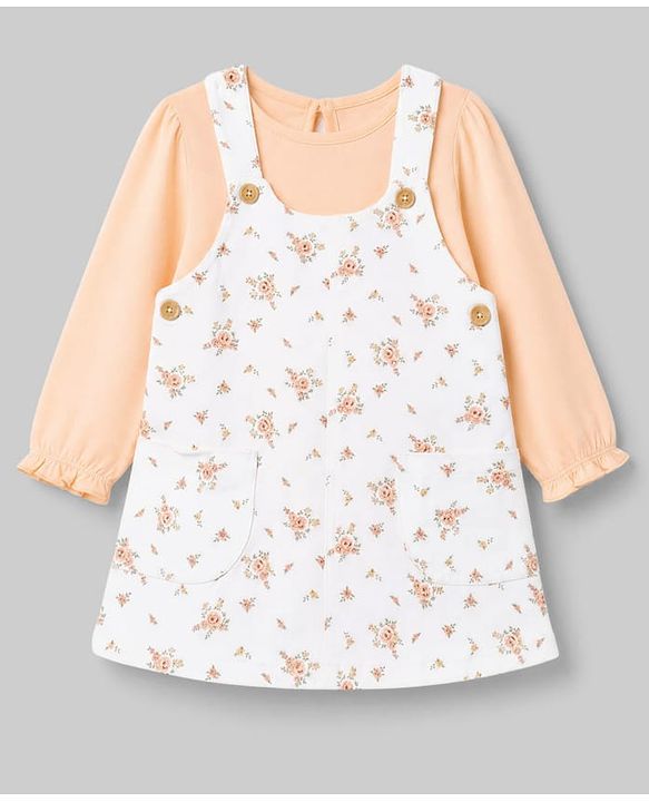 Babyhug Twill Woven Frock with Inner Tee with Full Sleeves and Floral Print - Pink