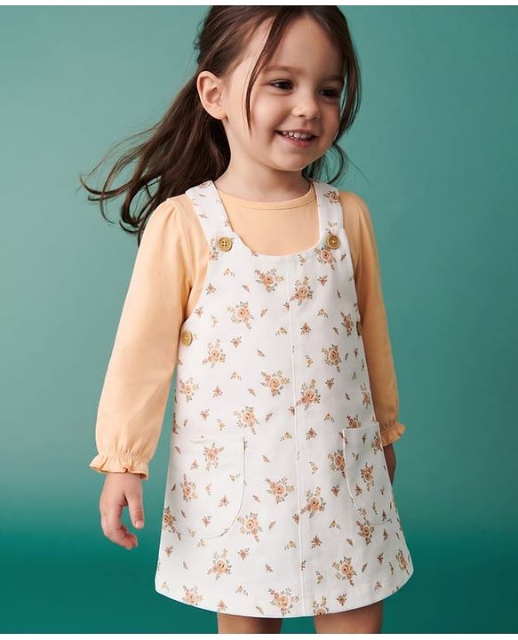 Babyhug Twill Woven Frock with Inner Tee with Full Sleeves and Floral Print - Pink