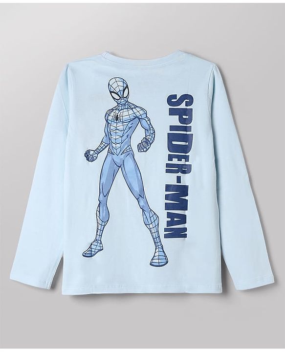 Pine Kids Marvel Cotton Knit T-Shirt with Full Sleeves and Spider-Man Print in Light Blue
