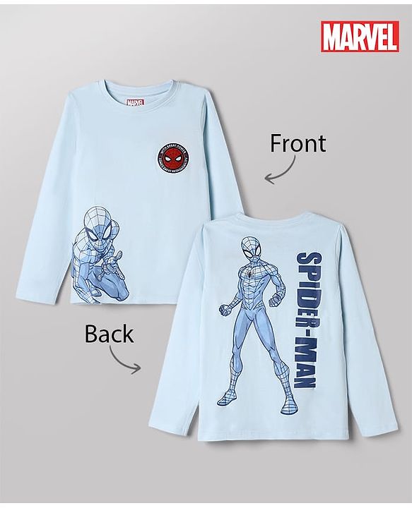 Pine Kids Marvel Cotton Knit T-Shirt with Full Sleeves and Spider-Man Print in Light Blue