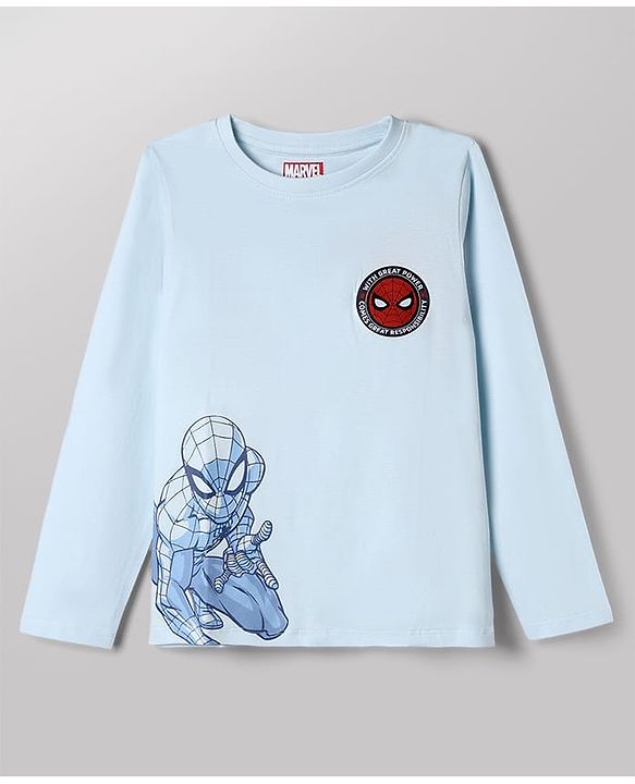 Pine Kids Marvel Cotton Knit T-Shirt with Full Sleeves and Spider-Man Print in Light Blue