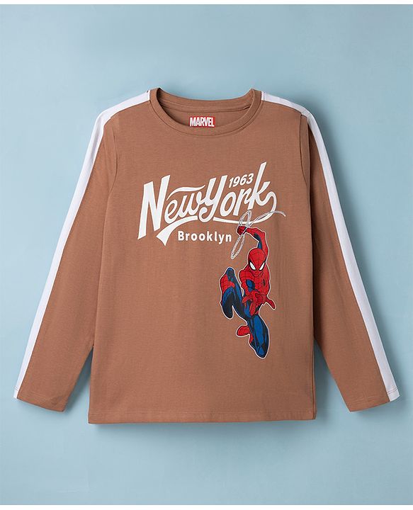Pine Kids Marvel 100% Cotton Single Jersey Knit T-Shirts with Full Sleeves and New York Brooklyn Text & Spider Man Front & Back Print - Brown