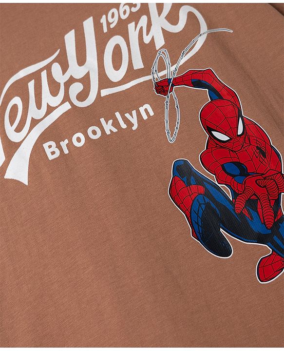 Pine Kids Marvel 100% Cotton Single Jersey Knit T-Shirts with Full Sleeves and New York Brooklyn Text & Spider Man Front & Back Print - Brown