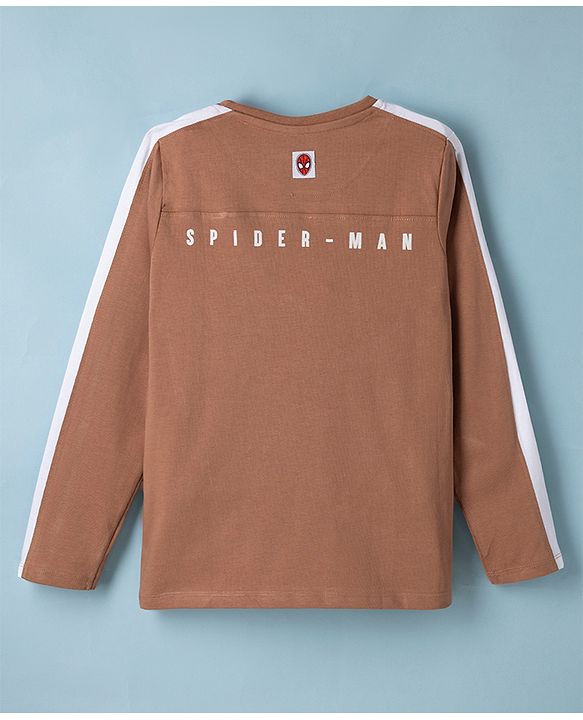 Pine Kids Marvel 100% Cotton Single Jersey Knit T-Shirts with Full Sleeves and New York Brooklyn Text & Spider Man Front & Back Print - Brown