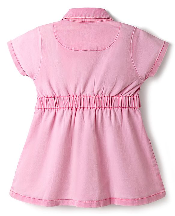 Babyhug Twill Woven One Piece Frock with Half Sleeves in Pink