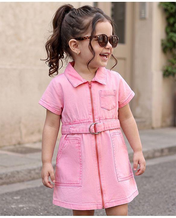 Babyhug Twill Woven One Piece Frock with Half Sleeves in Pink