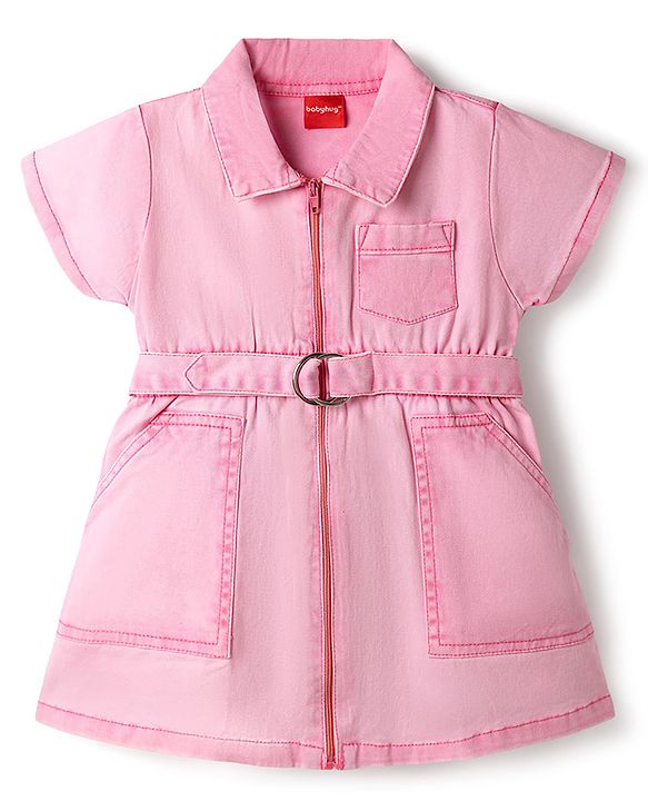 Babyhug Twill Woven One Piece Frock with Half Sleeves in Pink