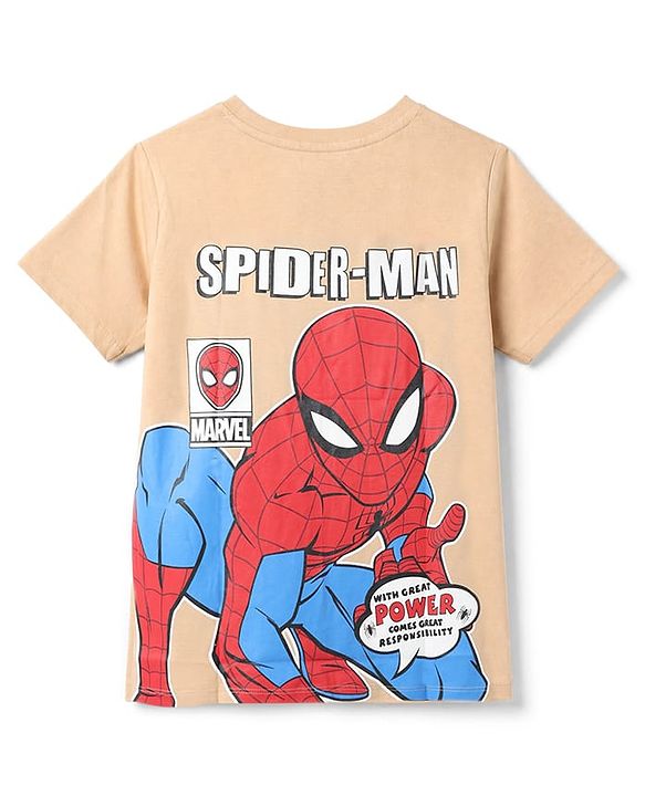 Pine Kids Marvel 100% Cotton Single Jersey Knit T-Shirt with Half Sleeves and Spider-Man Print in Light Brown