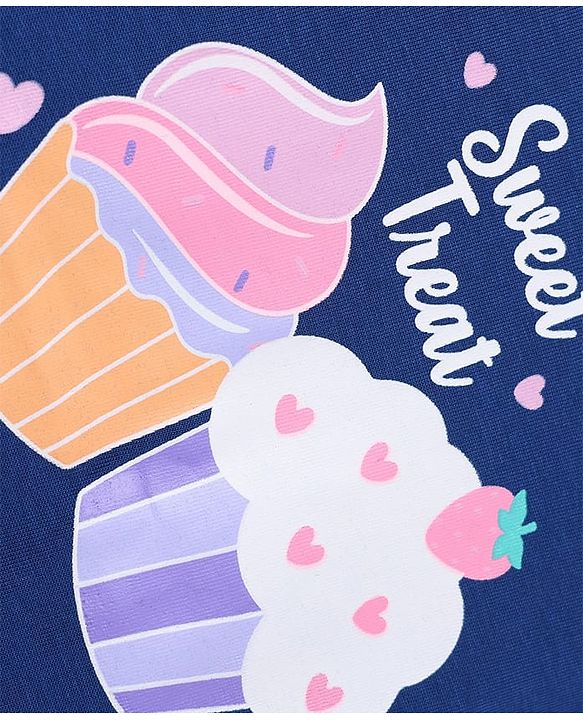 Babyhug 100% Cotton Knit 3/4th Sleeves Nighty with Cup Cake Print - Navy Blue