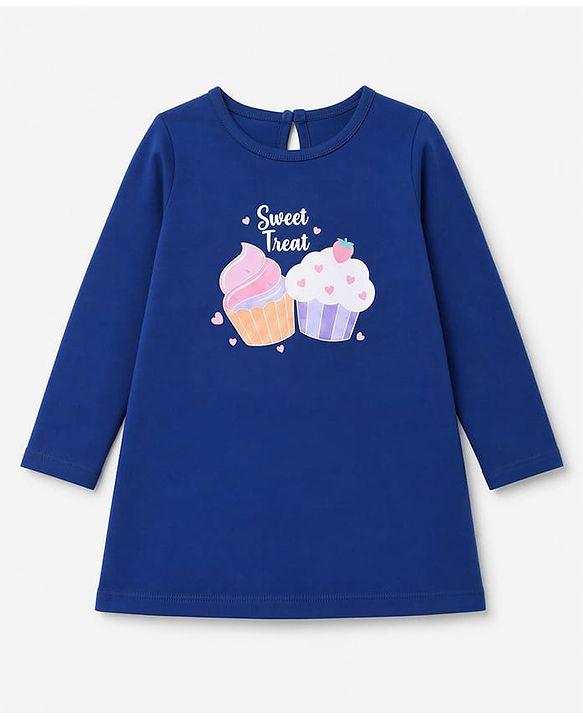 Babyhug 100% Cotton Knit 3/4th Sleeves Nighty with Cup Cake Print - Navy Blue
