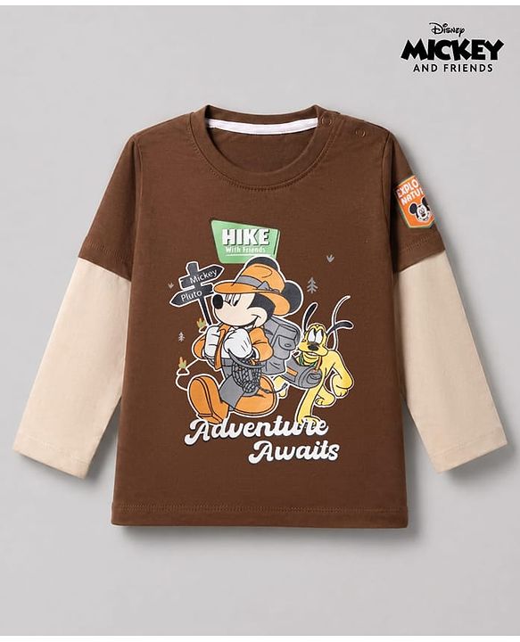 Babyhug Disney 100% Cotton Single Jersey Knit T-Shirt with Full Sleeves and Mickey and Friends Graphic Print - Brown