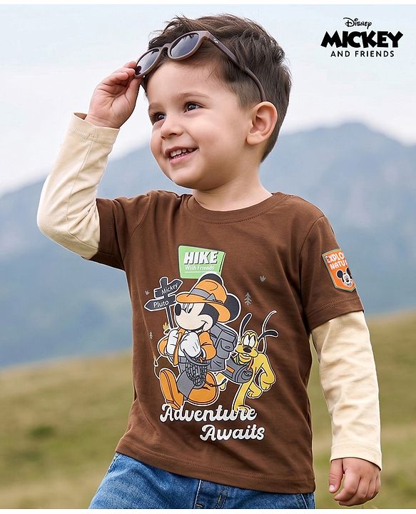Babyhug Disney 100% Cotton Single Jersey Knit T-Shirt with Full Sleeves and Mickey and Friends Graphic Print - Brown
