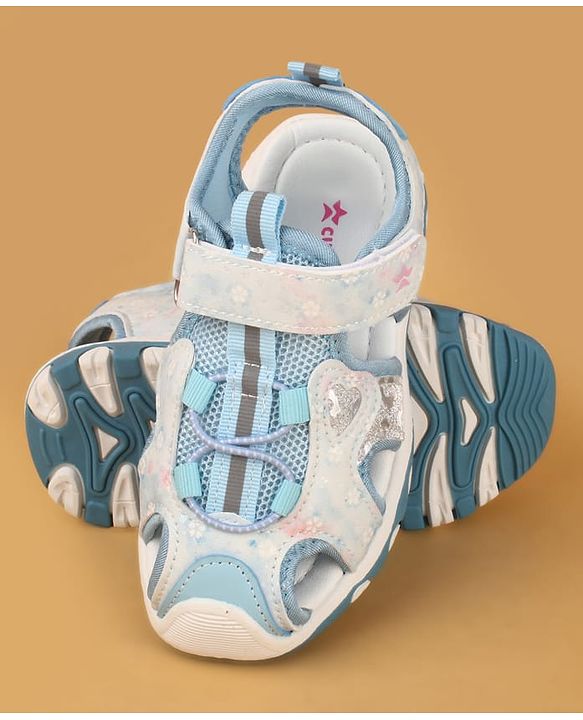 Cute Walk by Babyhug Velcro Closure Glitter & Floral Print Sandals - Blue